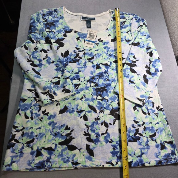 Karen Scott Petites Floral Scoop Neck 3/4 Sleeve Top Persian Blue PXL New - Picture 4 of 6